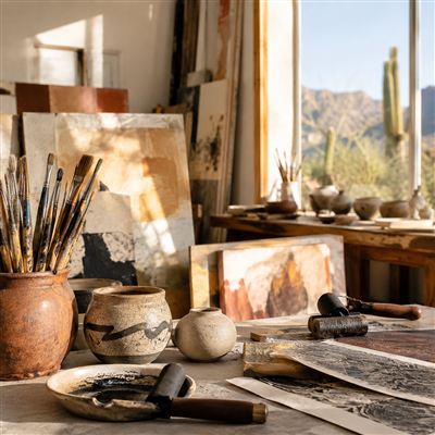 Paintbrushes and palette in a working studio