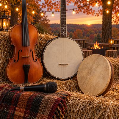 Fiddle, banjo and frame drum resting on hay bales under autumn string lights