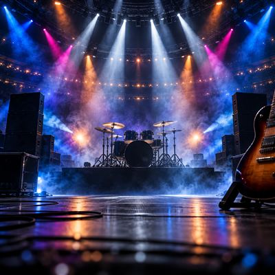 Concert stage lighting rig in a darkened arena