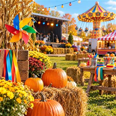 Autumn community festival with pumpkins and games