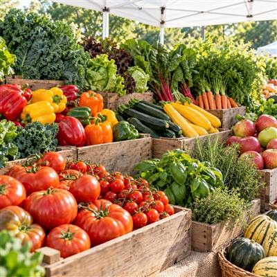 Produce stalls at a farmers market