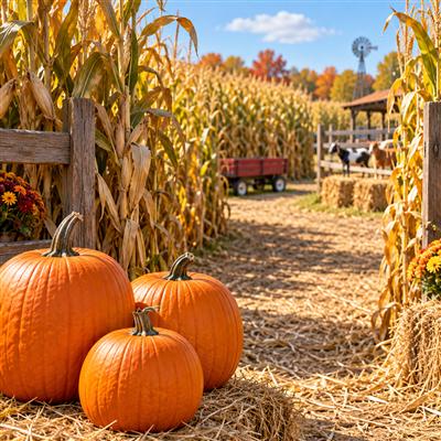Pumpkins in a farm field in autumn