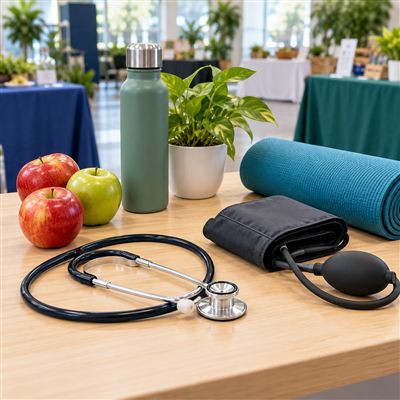 Health and wellness expo booths in a marketplace setting